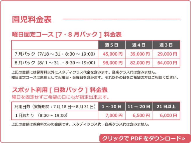 鎌倉アミ サマースクール園児料金表